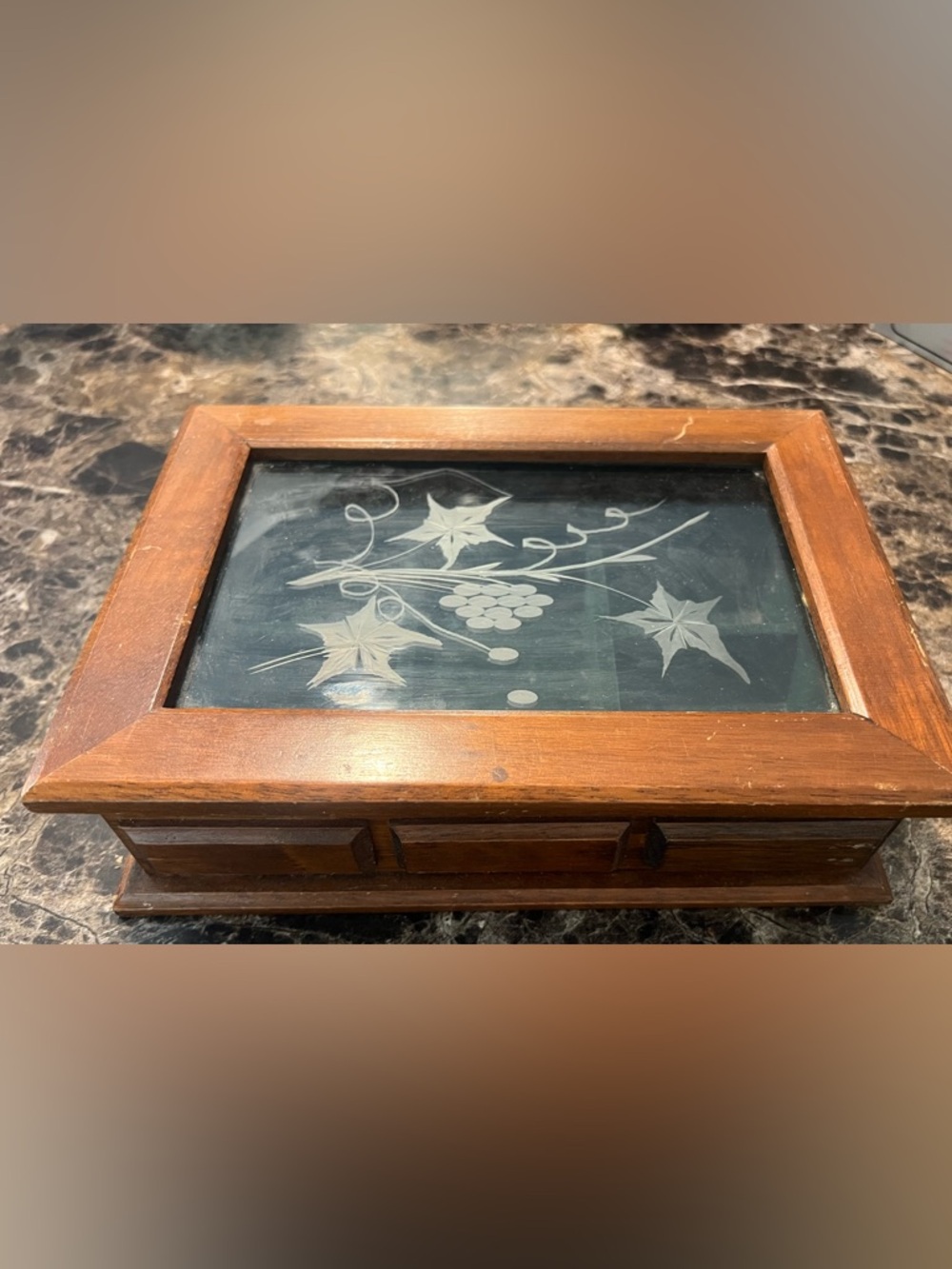 Vintage Price Import from Taiwan Vintage Brown Wood Jewelry Box Etched Glass
